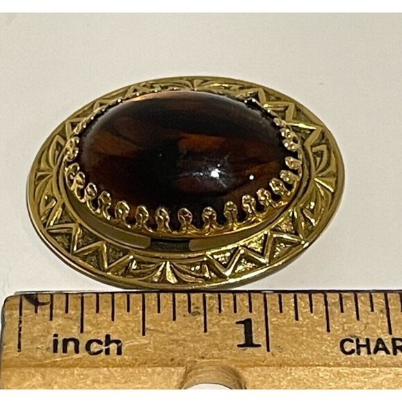 VINTAGE FREIRICH GOLD TONE TIGERS EYE PIN BROOCH SIGNED OVAL 1 3/8" SIGNED - Picture 5 of 5